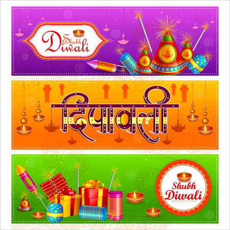 vector illustration of colorful fire cracker with decorated diya for Happy Diwali festival holiday celebration of India greeting backgroundのイラスト素材