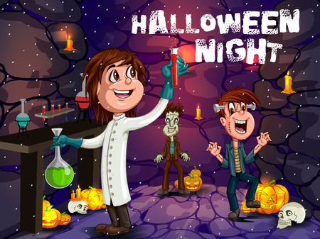 Happy Halloween hanunted background with kids in scary costumeのイラスト素材