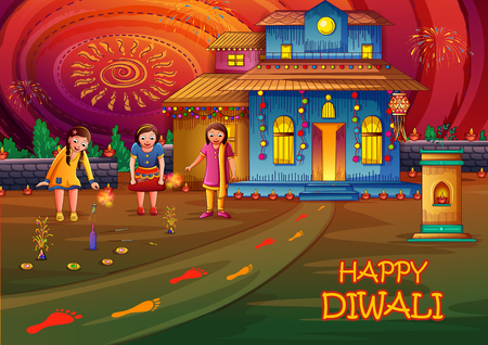 Indian kids celebrating Happy Diwali on colorful art style background of Indiaのイラスト素材