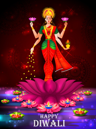 Indian Goddess Lakshmi on Lotus on Happy Diwali night celebrating holiday of Indiaのイラスト素材