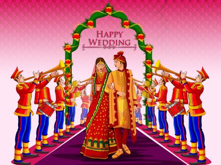 Indian Bride and Groom in ethnic dress Lengha and Serwani for wedding Day with Marching Music Brass Band. Vector illustration