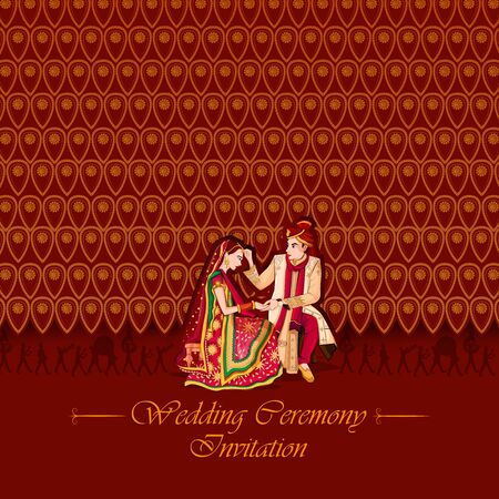 Indian Bride and Groom in ethnic dress Lengha and Serwani for wedding Day. Vector illustrationのイラスト素材