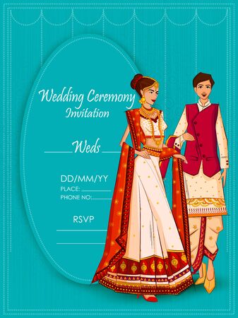Indian Bride and Groom in ethnic dress Lengha and Serwani for wedding Day. Vector illustrationのイラスト素材
