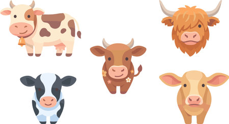Set of cute cartoon cow heads. Cute farm animals. Vector illustrationのイラスト素材