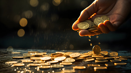 A hand reaches out to count golden coins, portraying the fulfillment of personal finance choices, ai generativeの素材