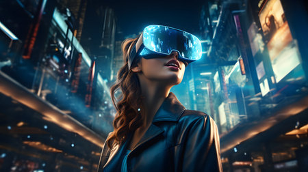 Woman in jacket wearing vr headset in a busy motion metropolis city, ai generativeの素材