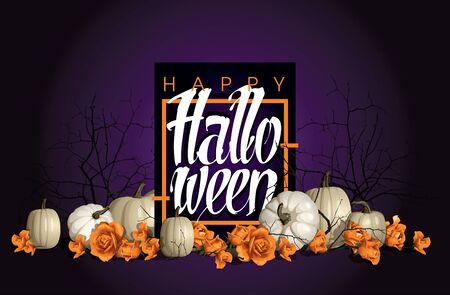 Happy Halloween lettering on background with white pumpkins and orange roses vector illustration. Elegant and fashion halloween background for poster. Branche silhoettes.のイラスト素材