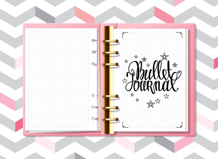 Pink Bullet Journal and hand drawn lettering for notebook, diary mock up. Cute hand drawn line doodle on dotted background.のイラスト素材