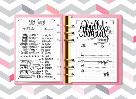 Notebook mock up. Line doodles. Days of week calligraphy and bullet journal elements set on the pages of an opened notebook. Lettering for diary and bullet journal.のイラスト素材