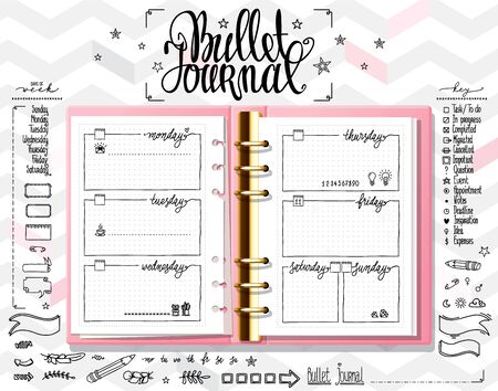 Week organizer. Opened notebook on light white texture. Line doodles set on mock up. Days of week calligraphy and bullet journal elements set.のイラスト素材