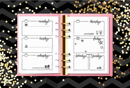 Week organizer mock up. Opened notebook on dark geometric texture with gold sequins. Sunday, monday, tuesday, wednesday, thursday, friday, saturday. Days of week calligraphy. Gold confetti.のイラスト素材