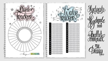 Water tracker. Mood tracker blank with hand written cute numbers and lettering. Bullet journal template. Hydrate lettering. Habit tracker.のイラスト素材