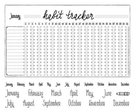 Habit tracker template. Blank with hand written cute names of months. Bullet journal template. Monthly planer. Hand written calendar.のイラスト素材
