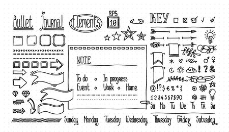 Bullet journal and diary elements set on dot texture. Cute Hand drawn Doodle Banners for notebook. Numbers and days of week: Sunday, Monday, Tuesday, Wednesday, Thursday, Friday, Saturday.のイラスト素材