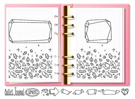 Bullet journal mock up crystal doodles. Hand drawn gemstones for notebook, diary. Doodles in open notebook.のイラスト素材