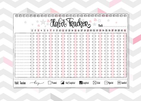 Habit tracker blank with hand written cute numbers and lettering. Bullet journal template. Monthly planer.のイラスト素材