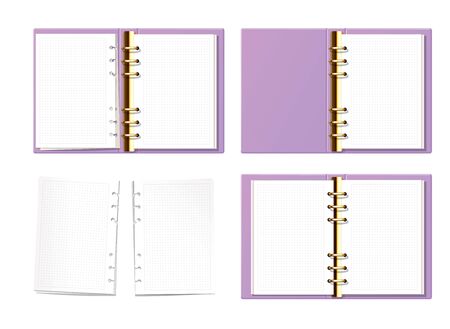 Violet open notebook mock up top view. Paper with dot texture. Opened ring book with clear blank pages. Torn pages set.のイラスト素材
