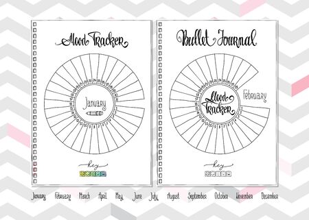 Mood tracker blank with hand written cute numbers and lettering. Bullet journal template.のイラスト素材