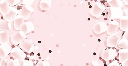 New Year background with Marshmallow and confetti. Tasty marshmallows on pink background. Christmas Candy. Some pink sequins with glow. Pink gold confetti.のイラスト素材