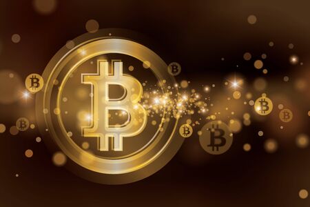 Bitcoin background with gold star dust texture. Golden Bitcoin token with glow in space.のイラスト素材