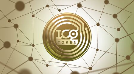ICO - Initial Coin Offering. ICO token concept. Gold token on 3D virtual graphical user interface. Illustration for news, presentation, social media, blog.のイラスト素材