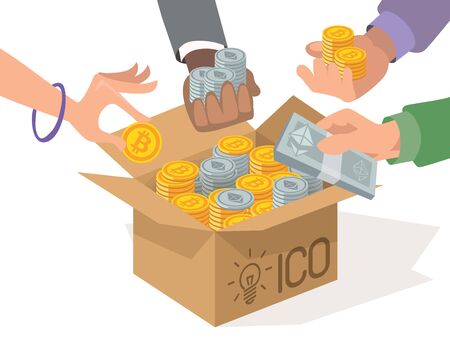 ICO vector illustration. Blockchain ICO. Initial coin offering. ICO tokens. IT startup crowdfunding. Hands with bitcoin and ethereum. Cardboard box with coins.のイラスト素材