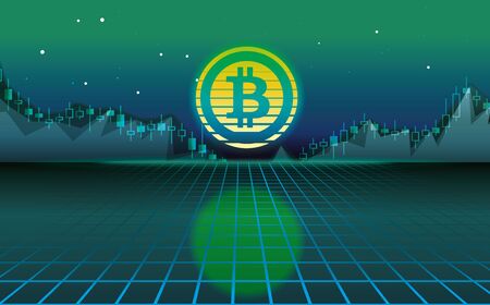 Bitcoin vector illustration. Cryptocurrency bitcoin on dark background. Free space fotr text.のイラスト素材