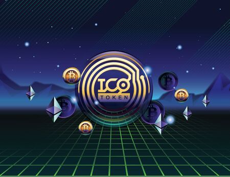 ICO - Initial Coin Offering. ICO token concept. ICO in 80s style. Gold token on 3D virtual graphical user interface. Cryptocurrency coins flying in digital landscape.のイラスト素材