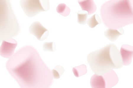 Marshmallow falling. Flying tasty white and pink marshmallows isolated on white background. Marshmallow candy background.のイラスト素材
