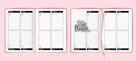 Week planner template. Pink open notebook mock up, bullet journal, week planner, diary top view.のイラスト素材