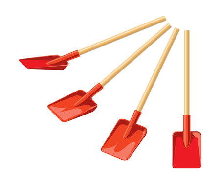 Shovel from different angles isolated on white background. Red work tool in different positions for outdoor activities, digging, gardening. Garden tools.のイラスト素材