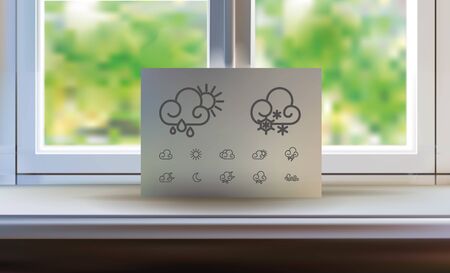 Vector photo realistic window. Portfolio mock up. Weather icon set. Element of scandinavian interior.のイラスト素材