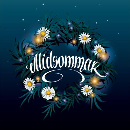 Midsummer lettering. Wreath on the water with reflection of the starry night sky vector illustration. Sveden Midsummer holiday background concept.のイラスト素材