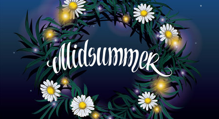 Midsummer lettering. Wreath on the water with reflection of the starry night sky vector illustration. Midsummer holiday background concept.のイラスト素材