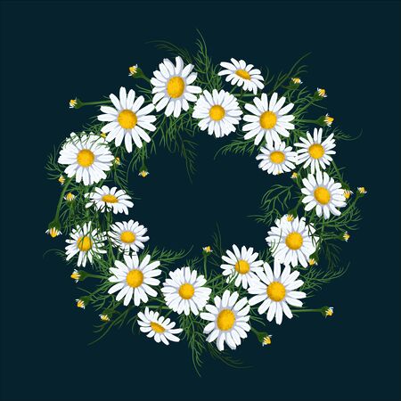 Wreath of chamomile flower on deep blue background vector illustration. Midsummer holiday background concept.のイラスト素材