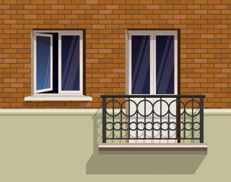 Open window and a balcony on a brick wall realistic flat vector illustration. A slightly open window and metal forged rails.のイラスト素材