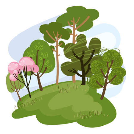 Spring or Summer forest landscape. Cartoon forest vector illustration.のイラスト素材