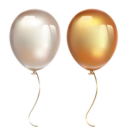 Inflatable air flying balloons isolated on white background. Gold and pearl balloon with reflects. Realistic 3D vector illustration. Birthday balloon set. Background element.のイラスト素材