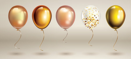 Gold balloons set. Birthday balloon set. Inflatable air flying balloon realistic 3D vector illustration.のイラスト素材