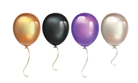 Gold, black, ultra violet balloon and pearl balloon with reflects isolated on white background. Birthday ballon set. Inflatable air flying balloon realistic 3D vector illustration.のイラスト素材