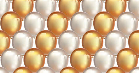 Inflatable air flying balloons seamless pattern on white background. Gold and pearl balloons garland. Carpet from inflatable balloons. Golden background for promo materials.のイラスト素材