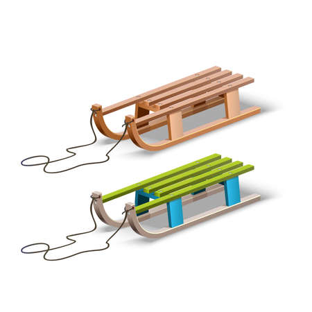 Retro wooden sled with shadow. Children sledding colored in blue and green.のイラスト素材