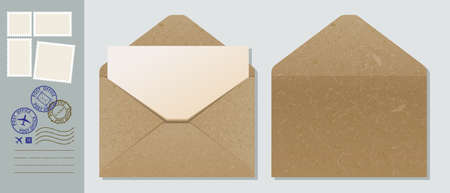 Craft paper envelope with Postage Stamps vector illustration. Envelope mock up.のイラスト素材