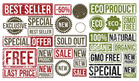 Stamp set. Stamps: Sold out eco-product, gmo-free, sold out, organic. Grunge paper texture.のイラスト素材