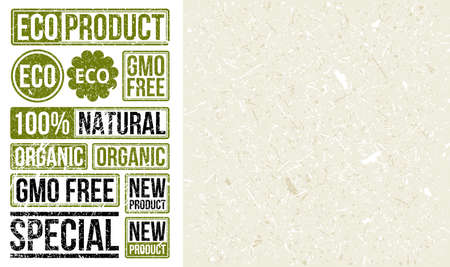 Stamp set with craft paper texture. Eco product stamp. GMO-free, organic, new product, natural signs on the stamp. Grunge craft paper vector texture.のイラスト素材
