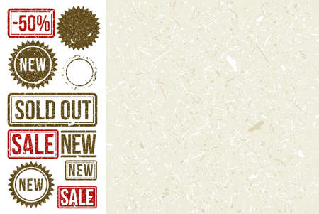 Stamp set with craft paper texture. Sold out stamp. Sale stamp. New stamp. Grunge texture.のイラスト素材