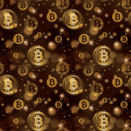 Bitcoin seamless pattern with blurred shining. Cryptocurrensy Bitcoin texture. Blurred Bitcoin with gold star dust seamless background.のイラスト素材