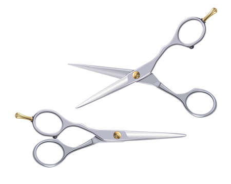 Hairdresser scissors. Naturalistic 3D professional hairdresser scissors with gold elements isolated on white background.のイラスト素材