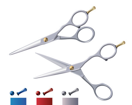Hairdresser scissors. Professional hair dresser scissors with gold red silver blue elements. Naturalistic 3D scissors isolated on white background.のイラスト素材