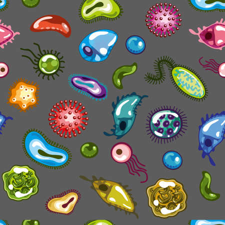 Cartoon Bacterias seamless pattern. the world under the microscope. Microbes and viruses. Pathogen microorganism Germs, bacteria and disease viruses mascots illustration for teaching children.のイラスト素材